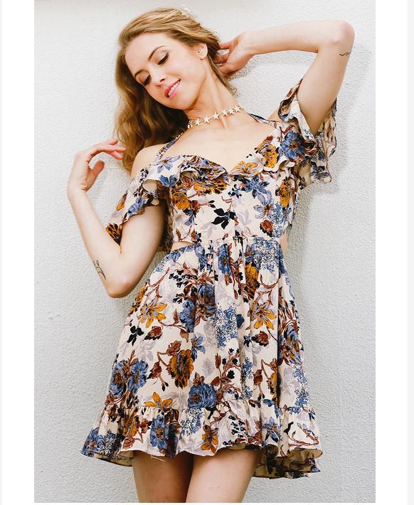 Robe d'été femme à volants avec design floral et bretelles spaghetti ajustables Levoire