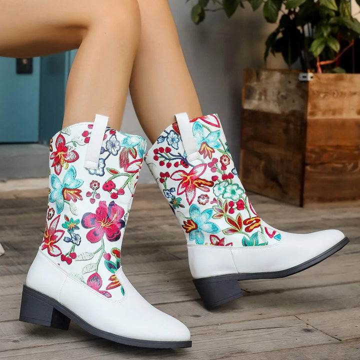 Levoire | Bottes mi-hautes avec fleurs brodées et bout rond Blanc