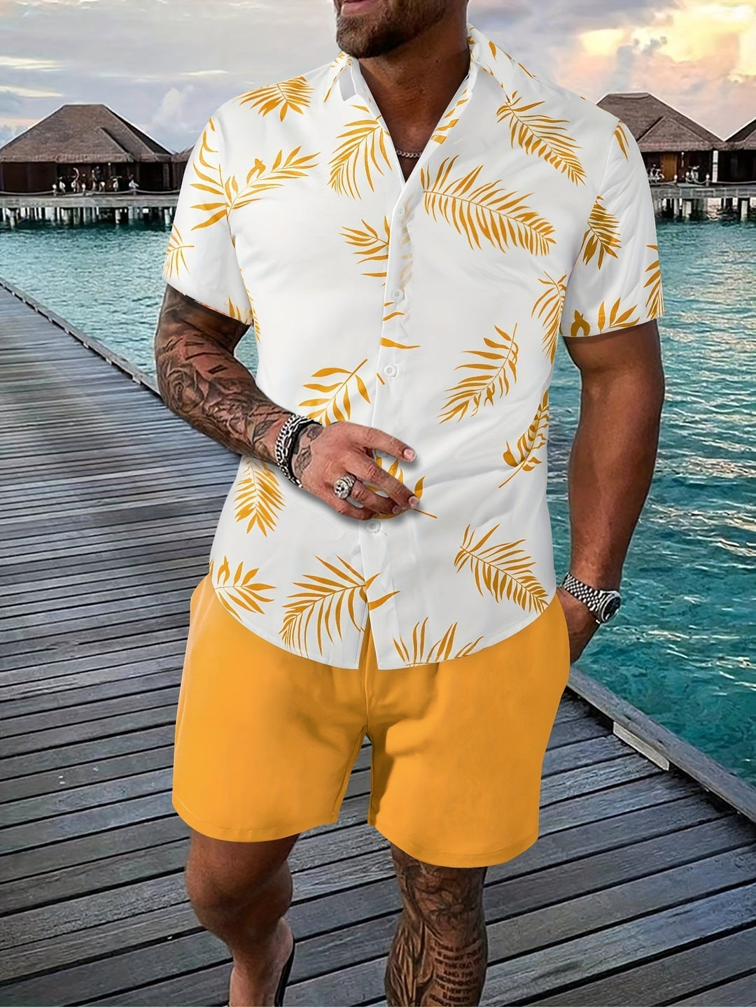 Levoire | Chemise Et Short Ensemble D'Été Pour Hommes Jaune