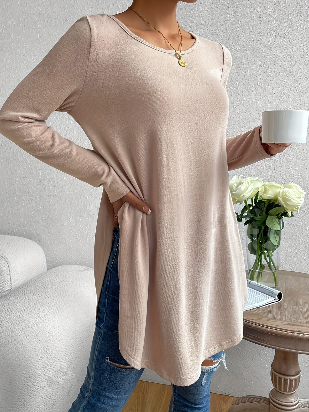 Levoire | Unicolore Chemise À Manches Longues Pour Femmes Et Ourlet Courbé