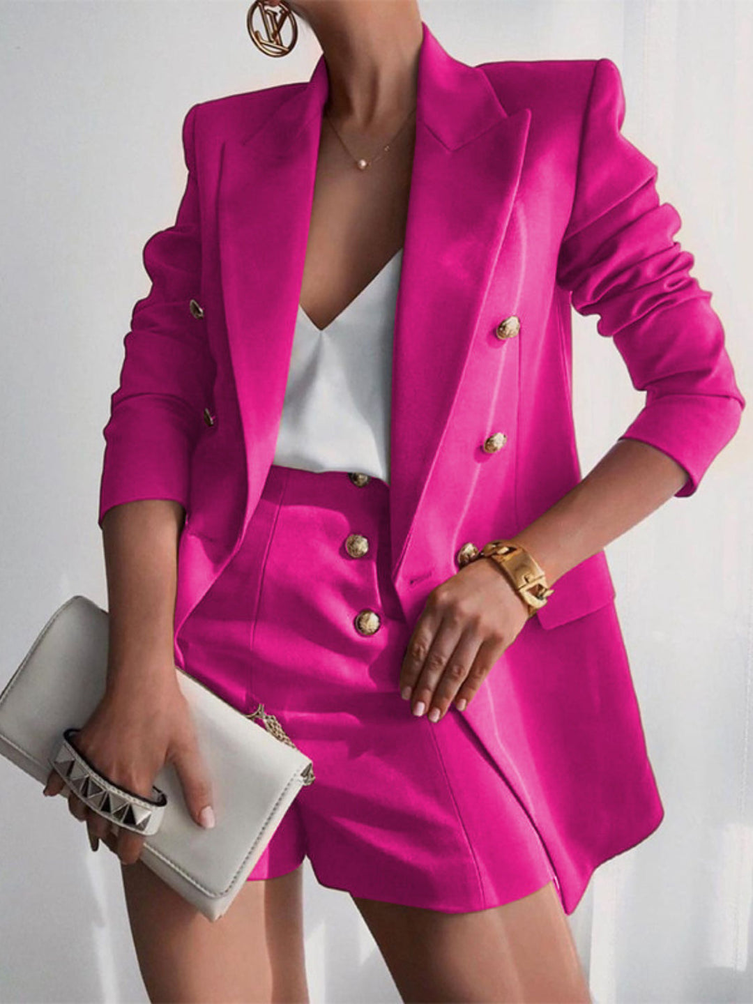 Levoire | Printemps Chic Blazer À Col Revers Et Short Court Ensemble Rose fluo