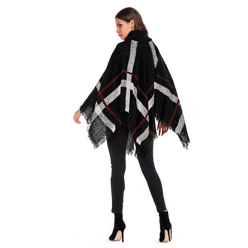 Poncho oversize pour femmes avec col roulé et motif à carreaux décontracté Levoire