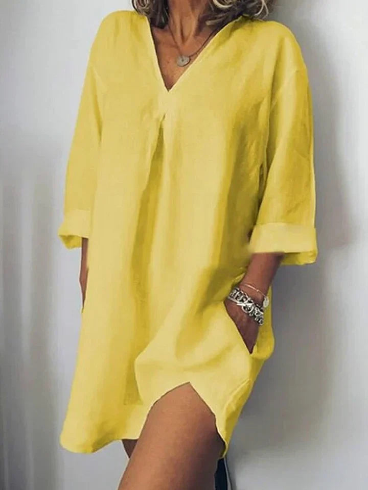 Levoire | Robe En Lin - Décolleté En V & Demi-Manche Jaune