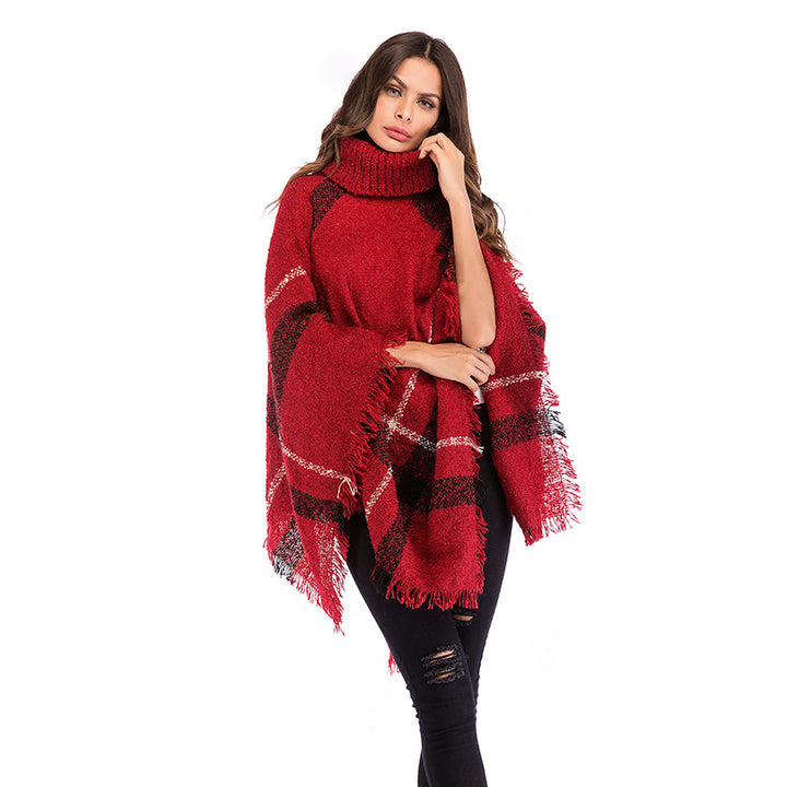 Poncho oversize pour femmes avec col roulé et motif à carreaux décontracté Levoire