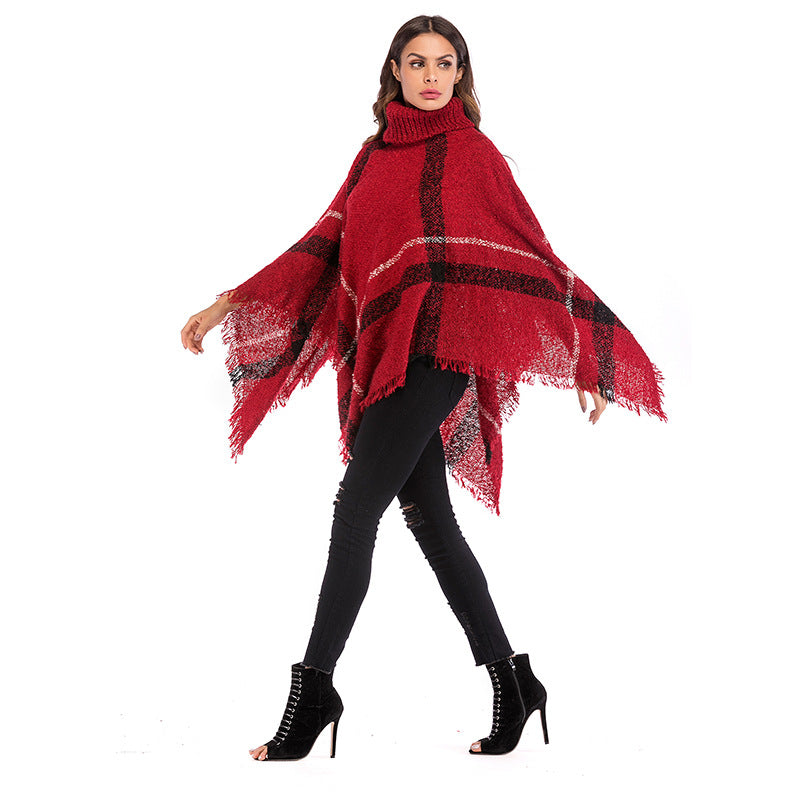 Poncho oversize pour femmes avec col roulé et motif à carreaux décontracté Levoire