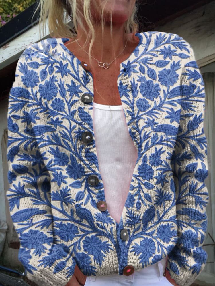 Levoire | Veste Tricotée À Manches Longues Avec Motif Fleuri Et Bouton Bleu