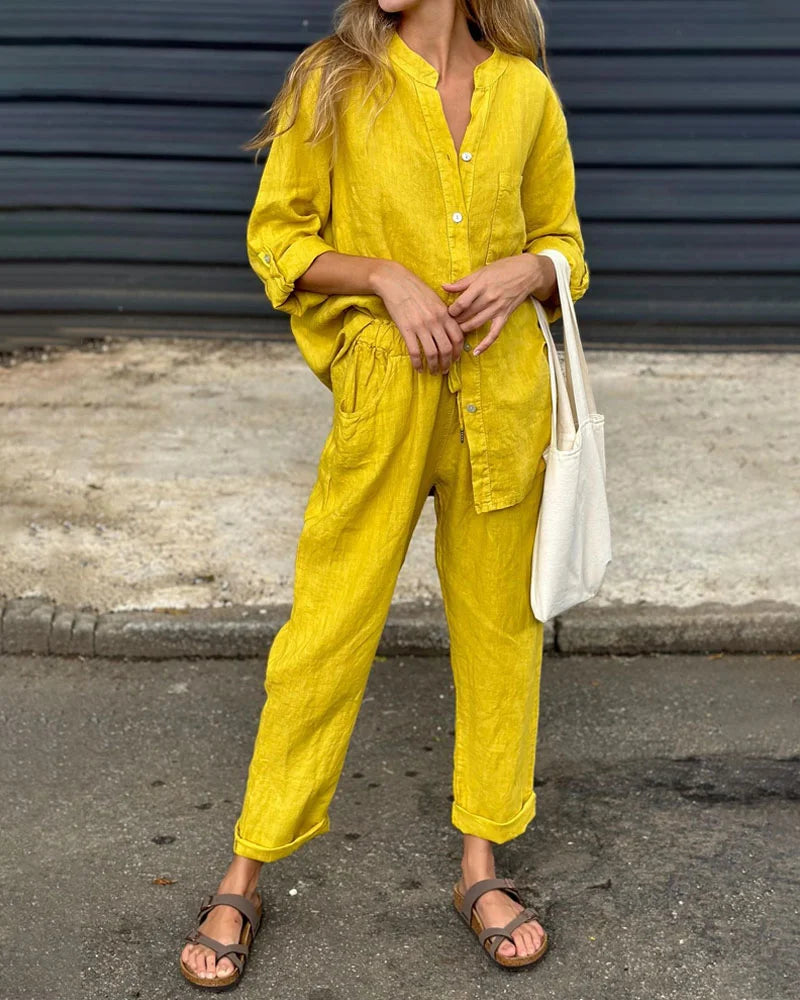 Levoire | T-Shirt Décontracté À Col En V & Ensemble Pantalon En Coton-Lin Jaune