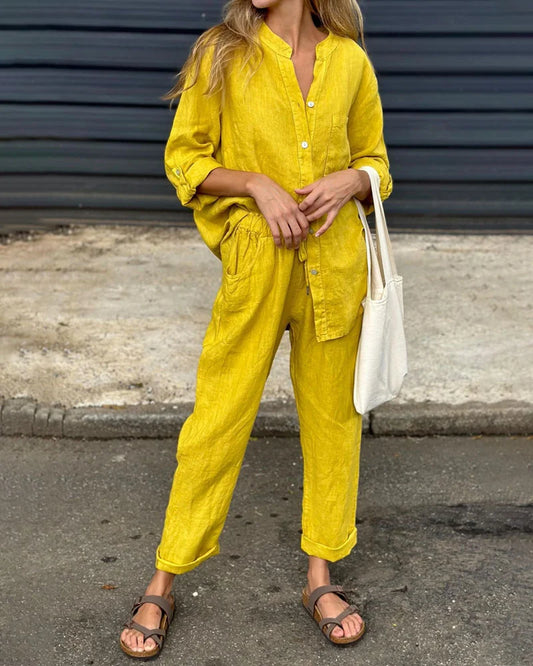 Levoire | T-Shirt Décontracté À Col En V & Ensemble Pantalon En Coton-Lin Jaune