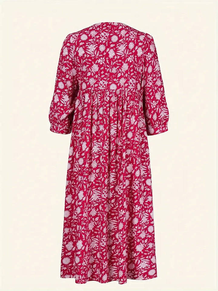 Levoire | Robe Maxi Boho Décontractée Avec Noeuds Décolleté En V Et Manches Courtes Rouge + Blanc