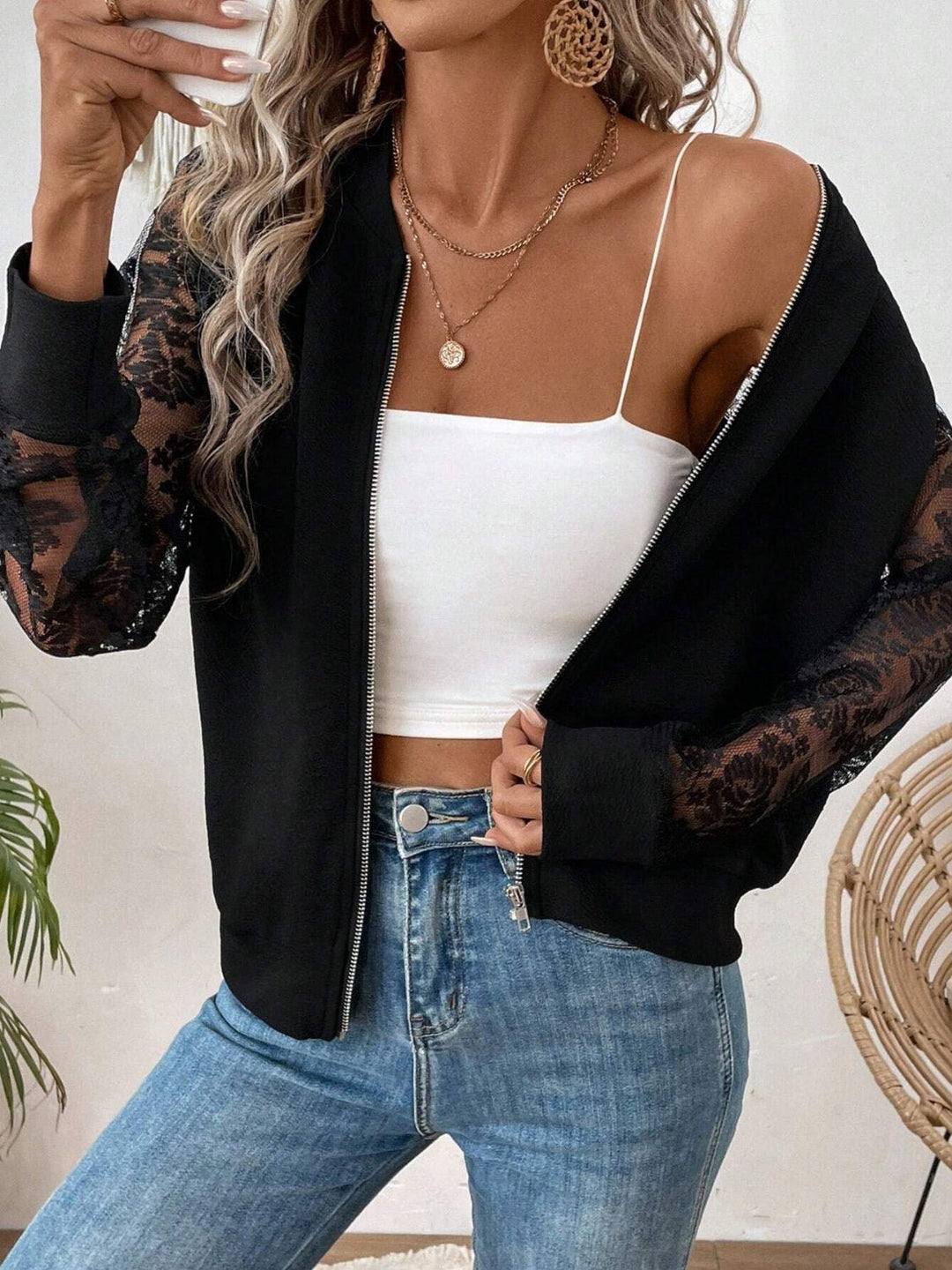 Levoire | Veste Zippée Col Baseball En Dentelle