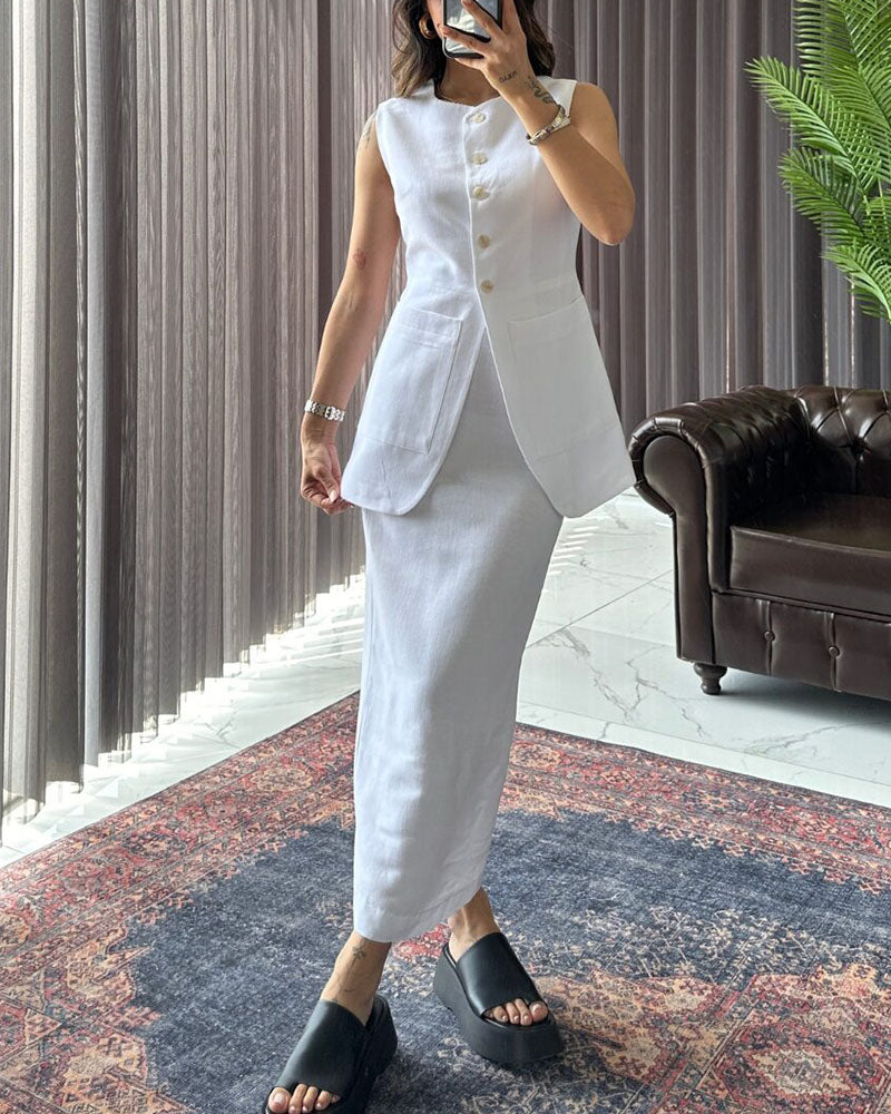 Levoire | Robe Maxi Sans Manches Avec Fermeture À Boutons Blanc