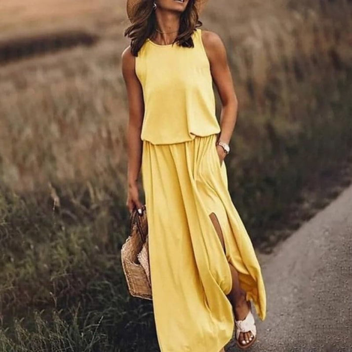 Levoire | Élégante Robe Boho Longue Avec Taille Élastique Jaune
