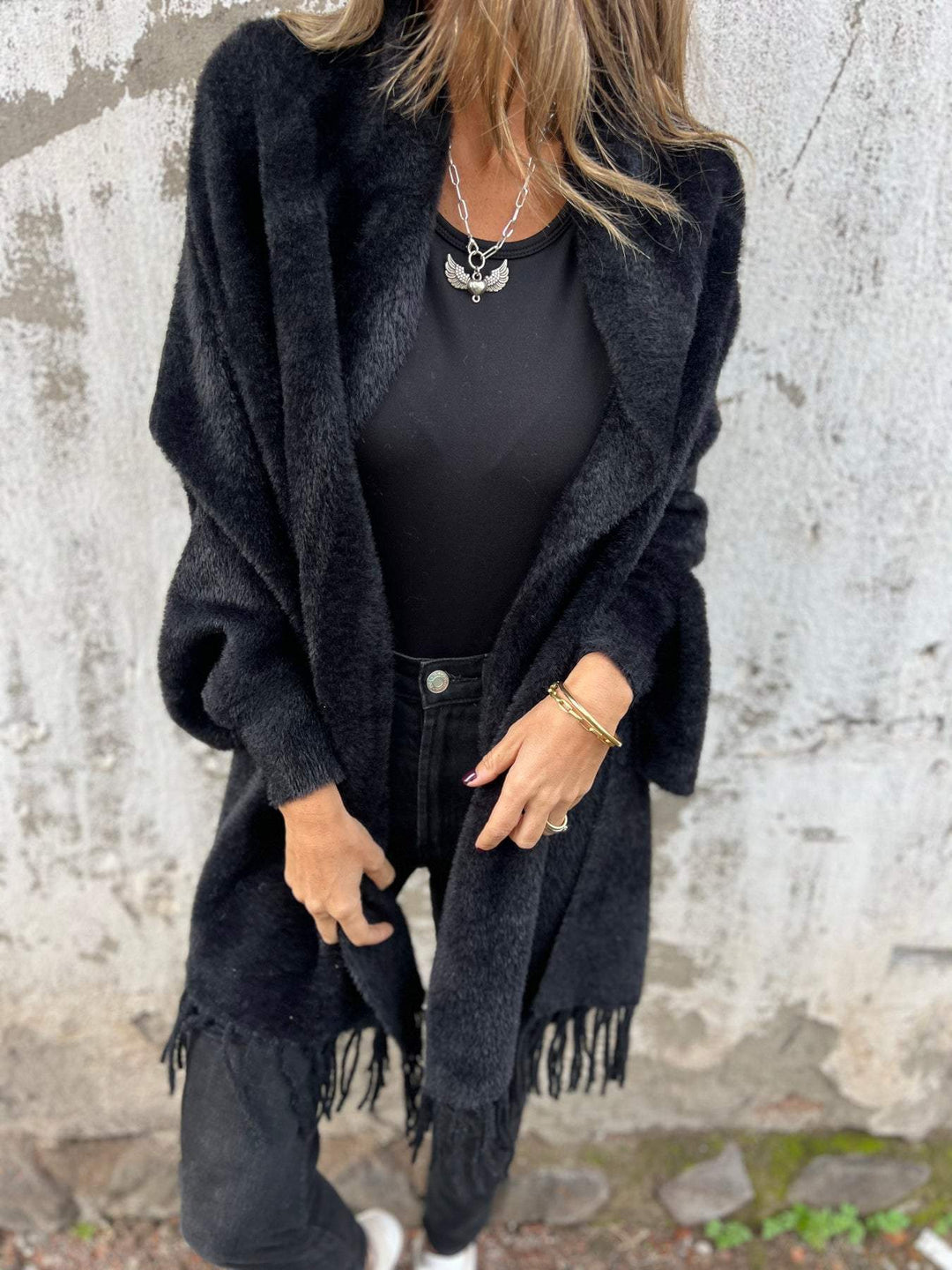 Levoire | Veste Femme Avec Manches Longues Et Franges Noir