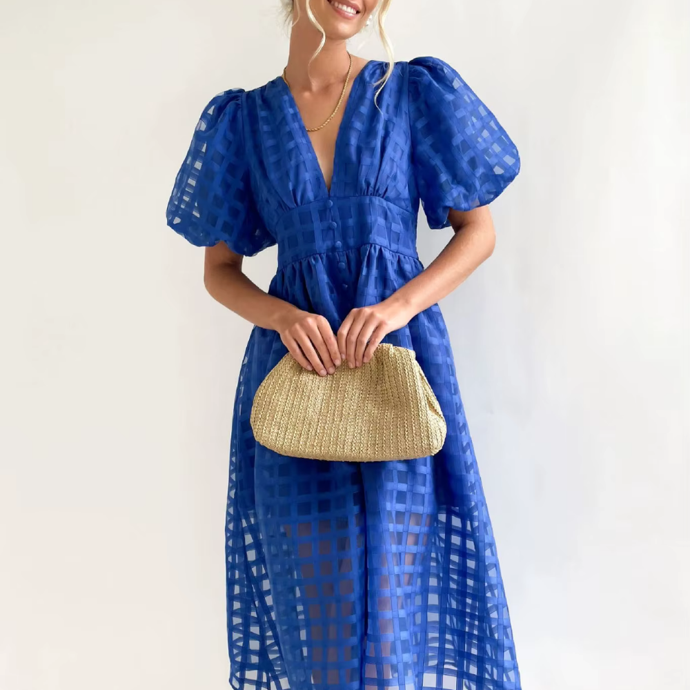 Levoire | Robe Longue En Tulle Avec Des Manches Bouffantes Bleu