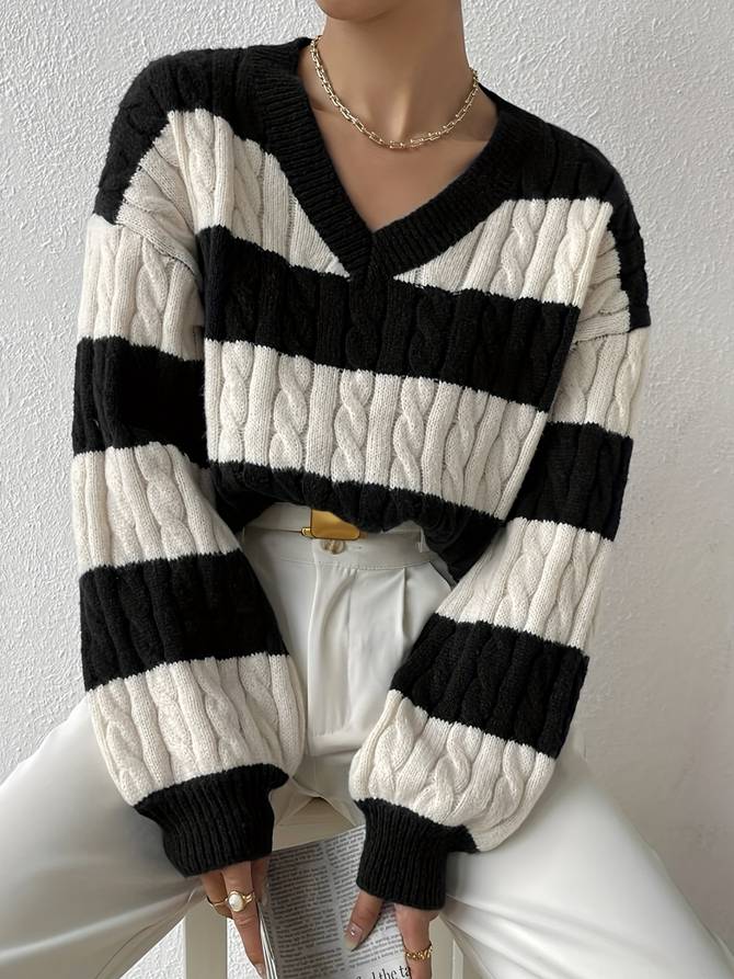 Levoire | Pull Rayé À Col En V Blanc Noir