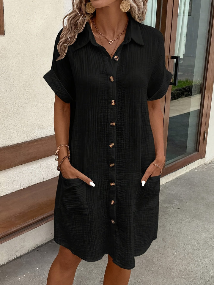 Levoire | Robe Chemise Décontractée Unie Avec Boutonnage Sur Le Devant Et Manches Courtes Noir