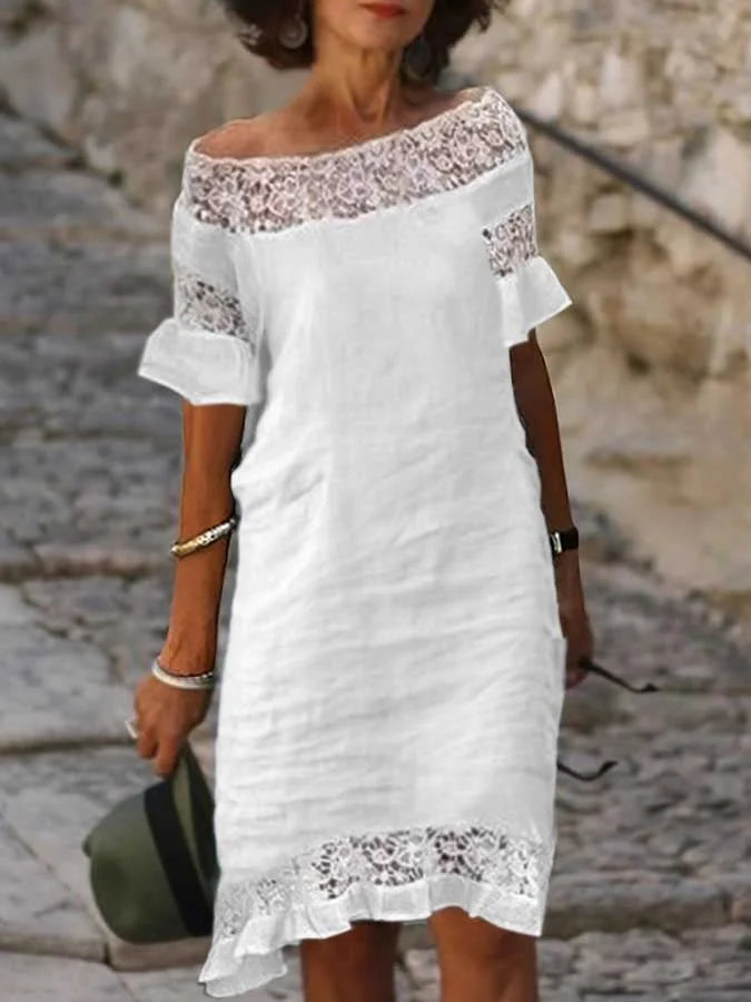 Levoire | Robe décontractée à manches trois-quarts en lin et dentelle de coton Blanc
