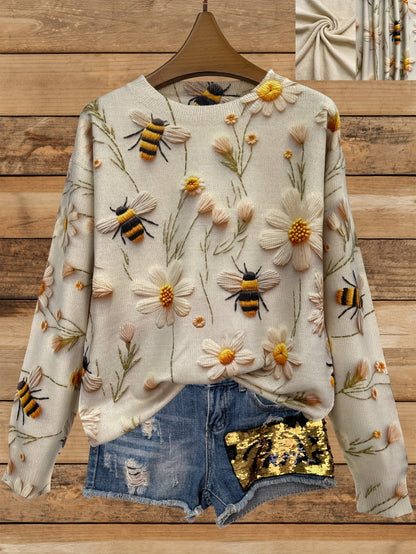 Levoire | Pull Avec Fleurs Et Design D'Abeille Et Col Rond Abricot