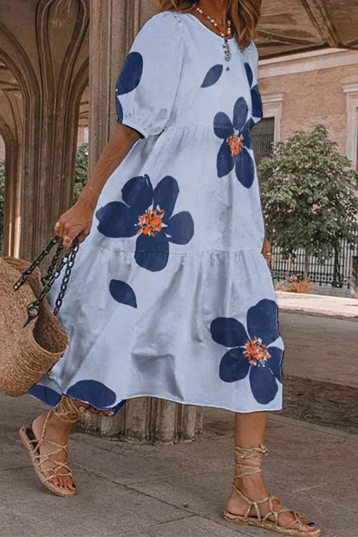 Levoire | Robes avec jupe pastel et col rond à l'imprimé décontracté Bleu