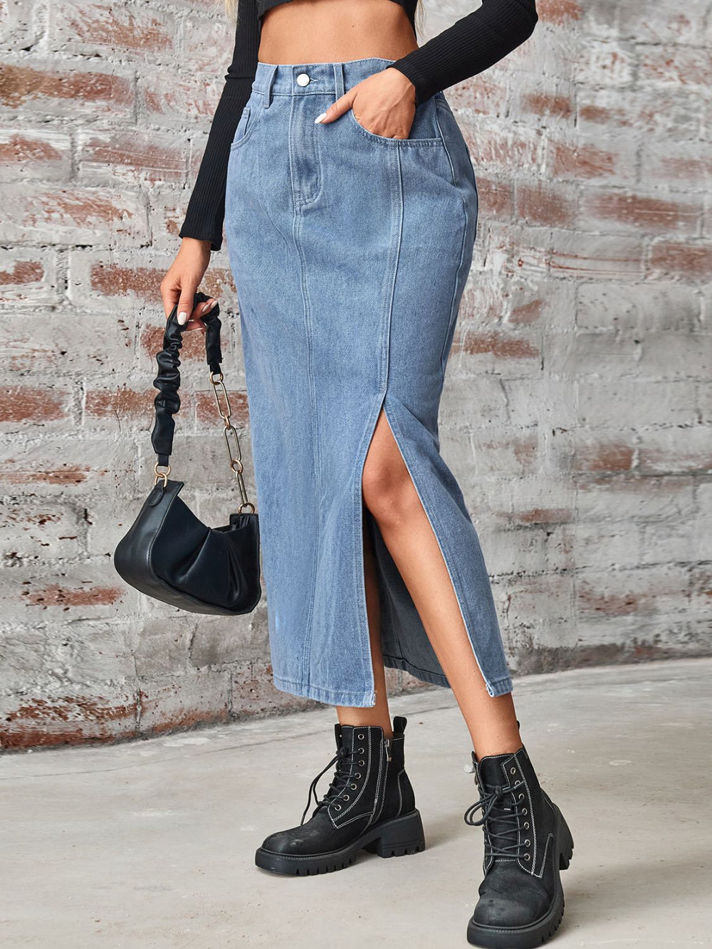Levoire | Jupe En Denim Longue À Taille Haute Avec Fente Et Poches
