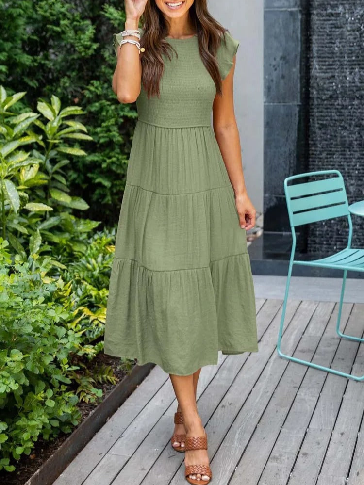 Levoire | Robe midi d'été pour femmes Robe élégante pour femmes avec manches courtes Vert
