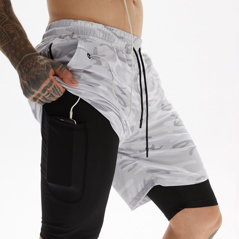 Levoire | Double couche short de course Incl. poche pour téléphone & fente Blanc Camo