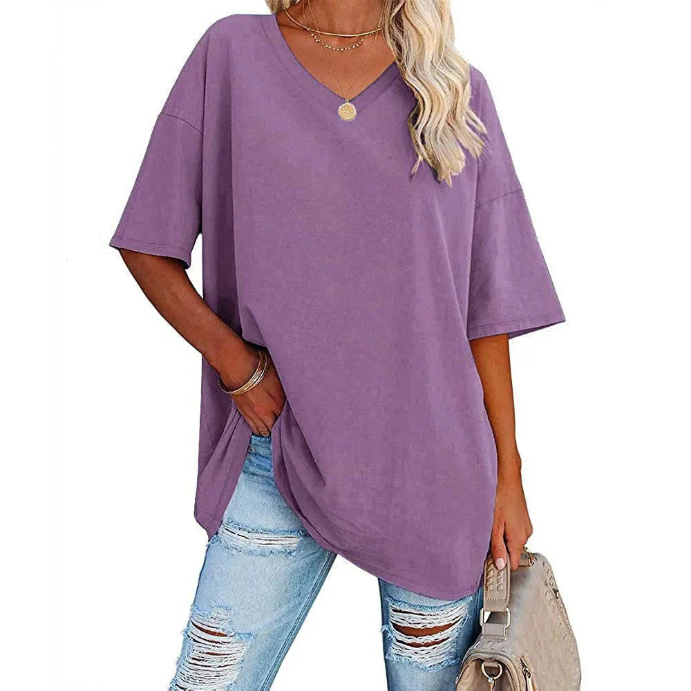Levoire | T-Shirt Décontracté À Col En V Surdimensionné Pour Femmes Lilas