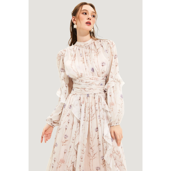 Levoire | Robe Midi à Manches Longues pour Femmes Motif Floral Beige