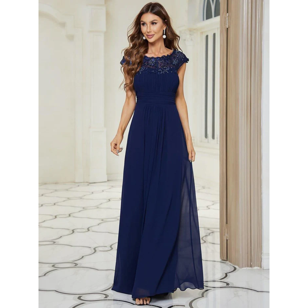 Levoire | Robe D'Invité De Mariage Élégante À Manches Courtes - Maxi Bleu Marine