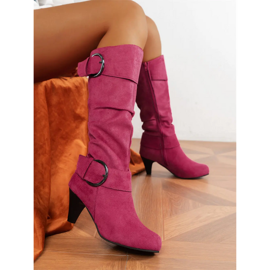 Levoire | Bottes Hautes Femme à Talon, Détail Clouté, Aspect Cuir Écrasé Rosa