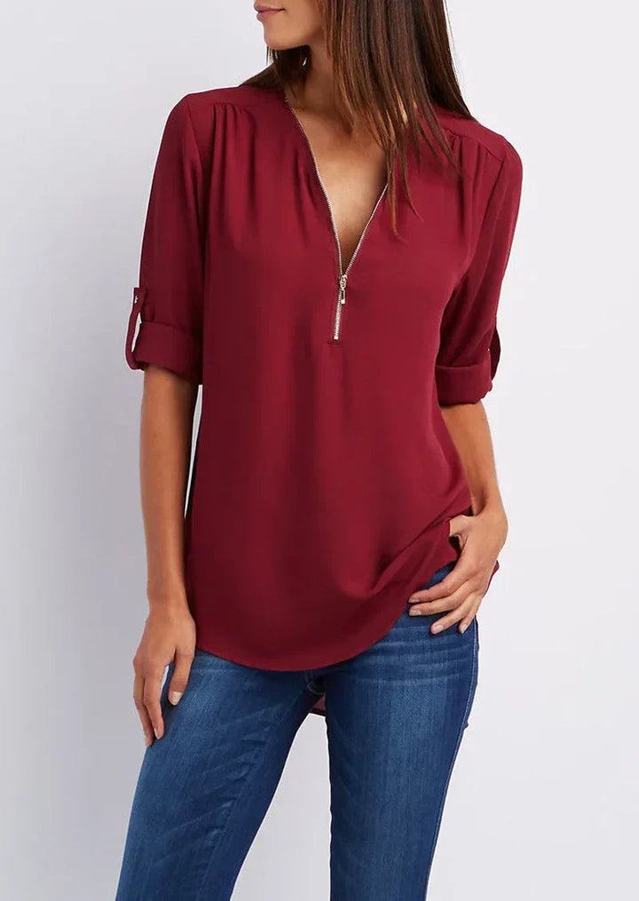 Levoire | Blouse Élégante À Zip Avec Décolleté En V Pour Femmes Rouge foncé