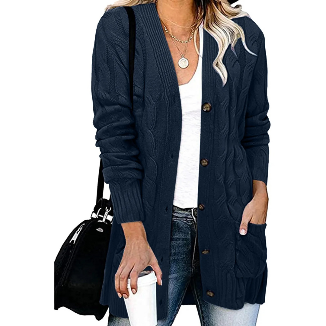 Levoire | Gilet femme avec motif torsadé, boutonnage et coupe longue Bleu foncé