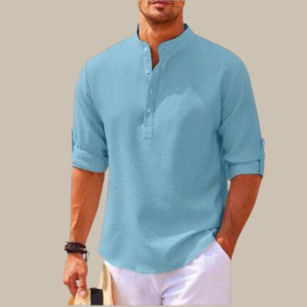 Levoire | Chemise Élégante En Lin Avec Col Mao bleu