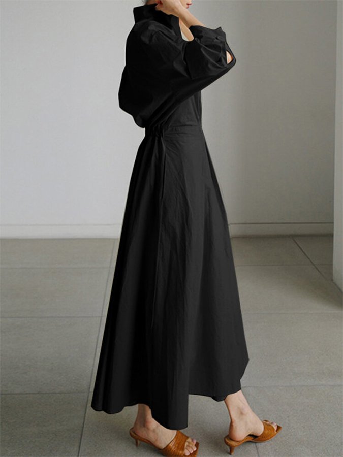Levoire | Robe Maxi Femme Poche Unie Revers Boutons Manches Longues