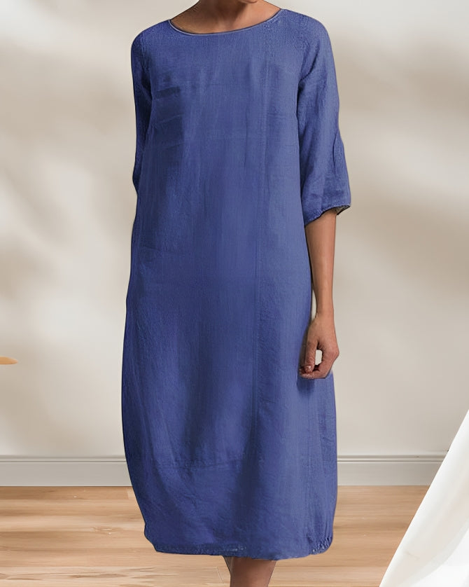 Levoire | Robe Midi Simple En Lin Décontracté Pour Femmes Bleu