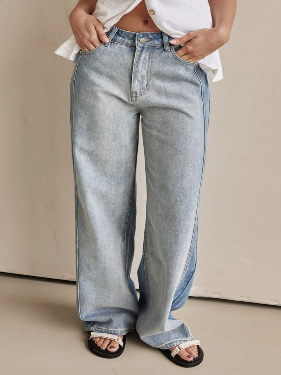 Levoire | Femme Contrast Coupe Droite Jeans Avec Poches Lumière