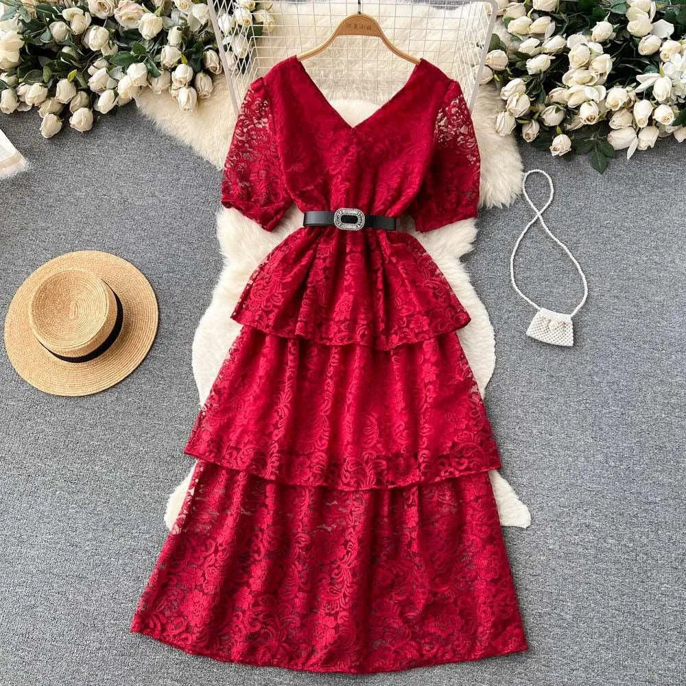 Levoire | Robe V couleur et cordon à la taille pour femmes Rouge vin Une taille