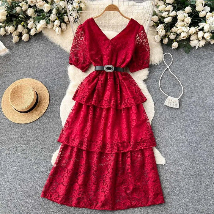 Levoire | Robe V couleur et cordon à la taille pour femmes Rouge vin Une taille
