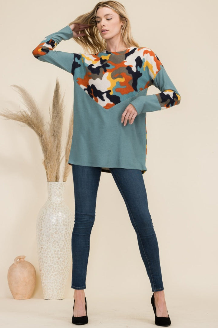Levoire | Celeste Taille Plus Kameleon-Impression Contraste T-shirt à Manches Longues