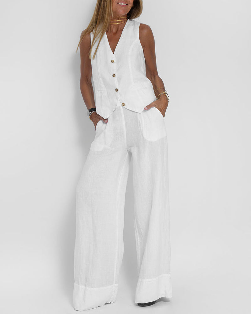Levoire | Ensemble Élégant De Gilet En Lin Et Pantalon Large Blanc