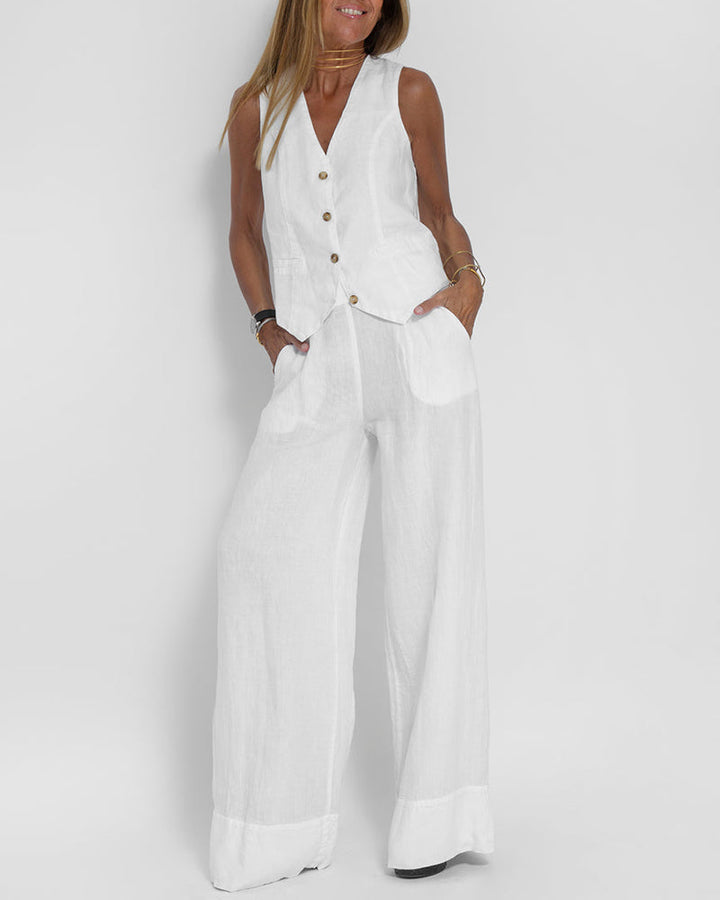 Levoire | Ensemble Élégant De Gilet En Lin Et Pantalon Large Blanc