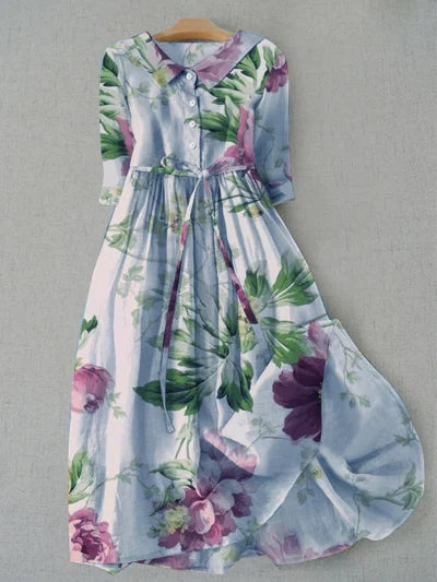 Levoire | Robe de Bal à Manches Longues avec Imprimé Floral Bleu
