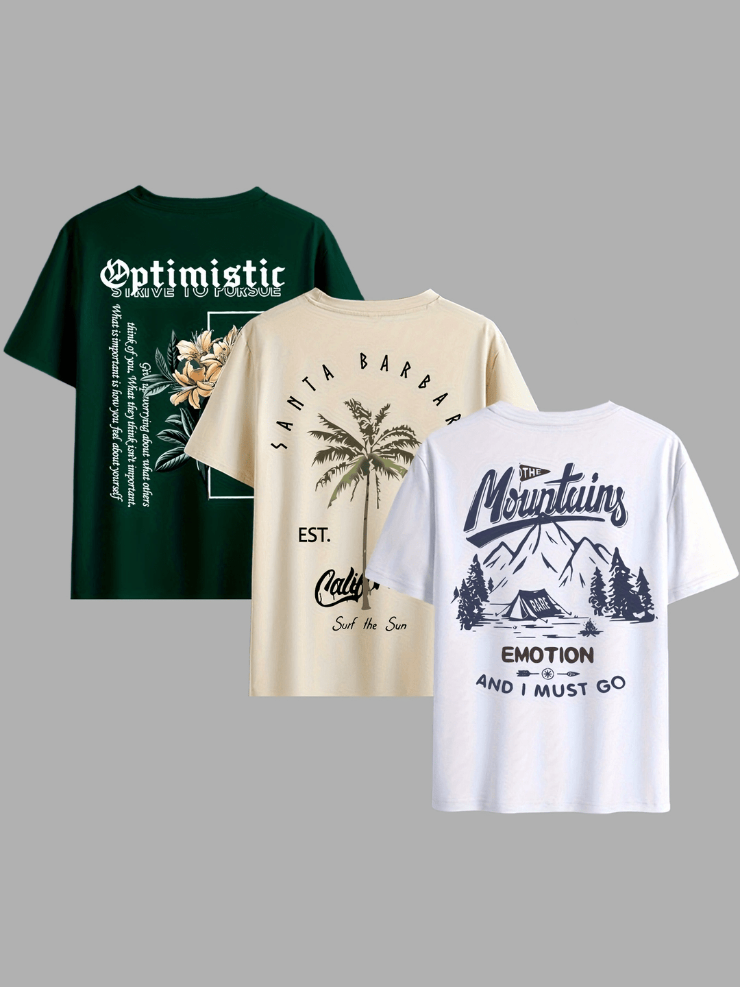 Levoire | T-Shirt D'Été Décontracté Pour Hommes 3 Pièces Avec Palmier Et Texte Blanc abricot vert