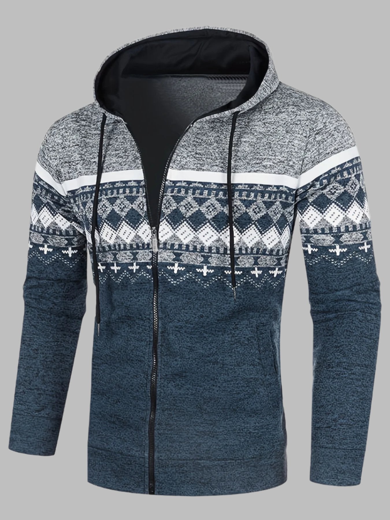 Levoire | Pull À Capuche Pour Hommes Avec Motif Tricot Norvégien Et Fermeture Éclair Gris clair