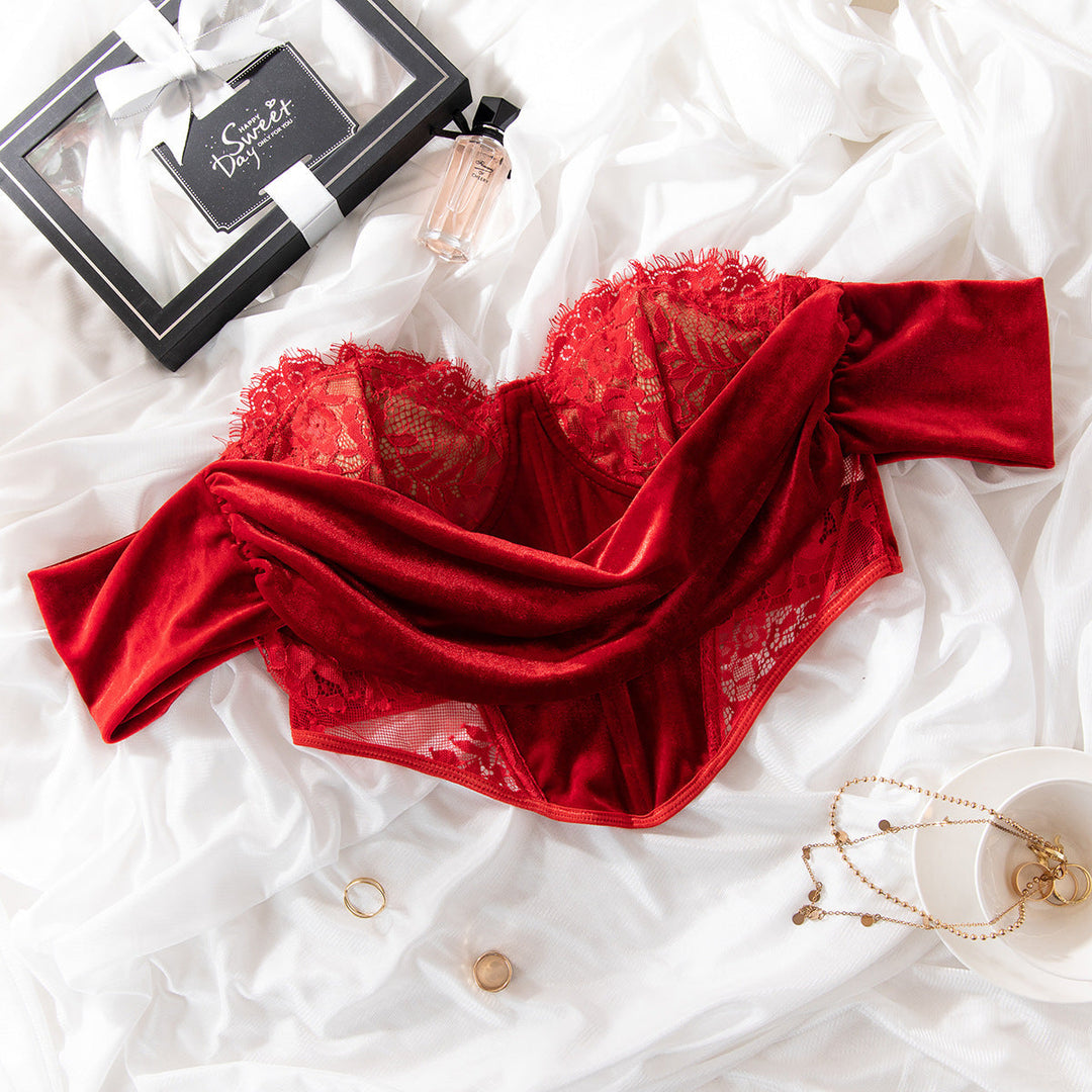 Levoire | Top Sexy en velours et en dentelle à motifs floraux Rot
