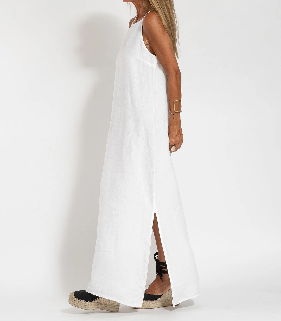 Levoire | Élégante Robe Longue Sans Manches en Coton et lin de Couleur Unie