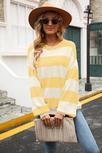 Levoire | Pull Femme En Tricot Rayé Décontracté Jaune