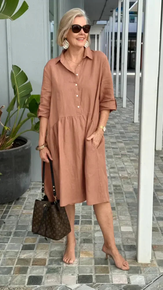 Levoire | Nouvelle robe décontractée en lin et coton pour femme Kaki
