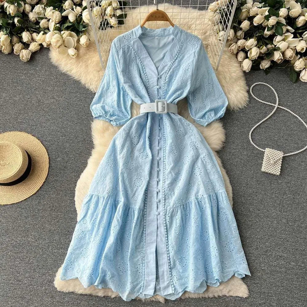 Levoire | Robe à col en V et manches bouffantes pour femmes Bleu