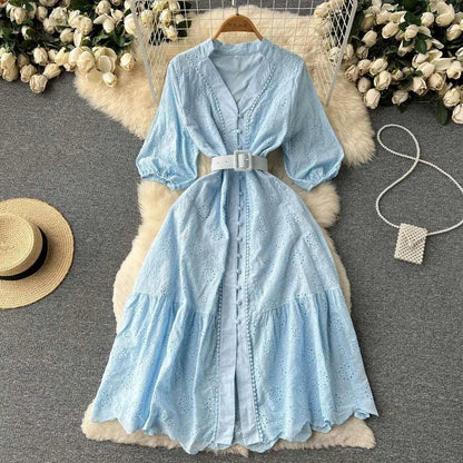 Levoire | Robe à col en V et manches bouffantes pour femmes Bleu